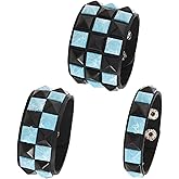 Dreuyet 3 Piece Checkered Leather Bracelet Set Black White PU Wristband Adjustable Gothic Punk Style Halloween Accessories for Men Women