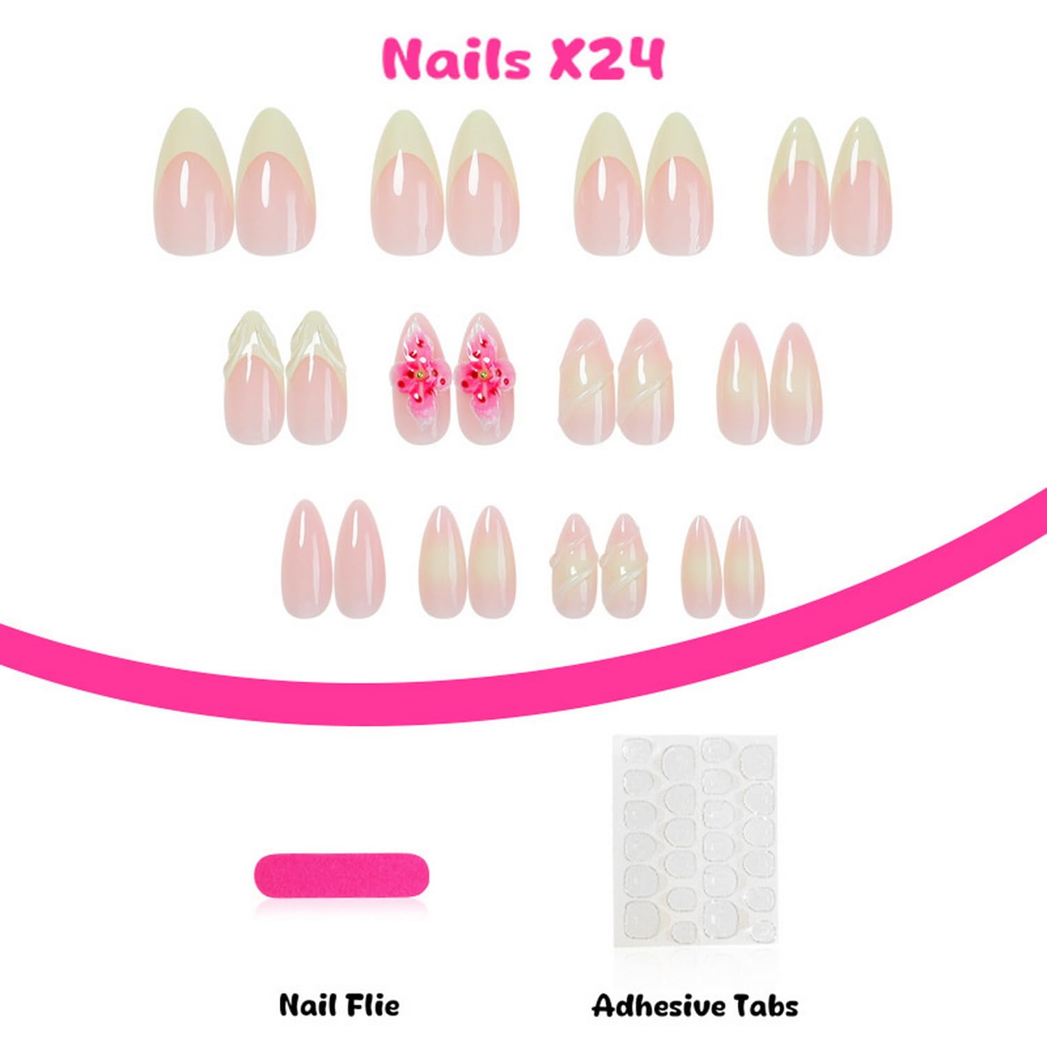 Summer Press on Nails Almond Fake Nails Full Cover Acrylic Nail Kit 3D Flower Charms Nails with designs French Tip Press ons Glossy Glue on Nails Pink False Nails for Women Beach Nails Decor24pcs - Image 2