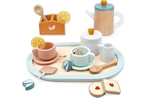PairPear Wooden Tea Set for Little Girls, Wooden Toys Toddler Tea Set Play Kitchen Accessories for Kids Tea Party with Play Food