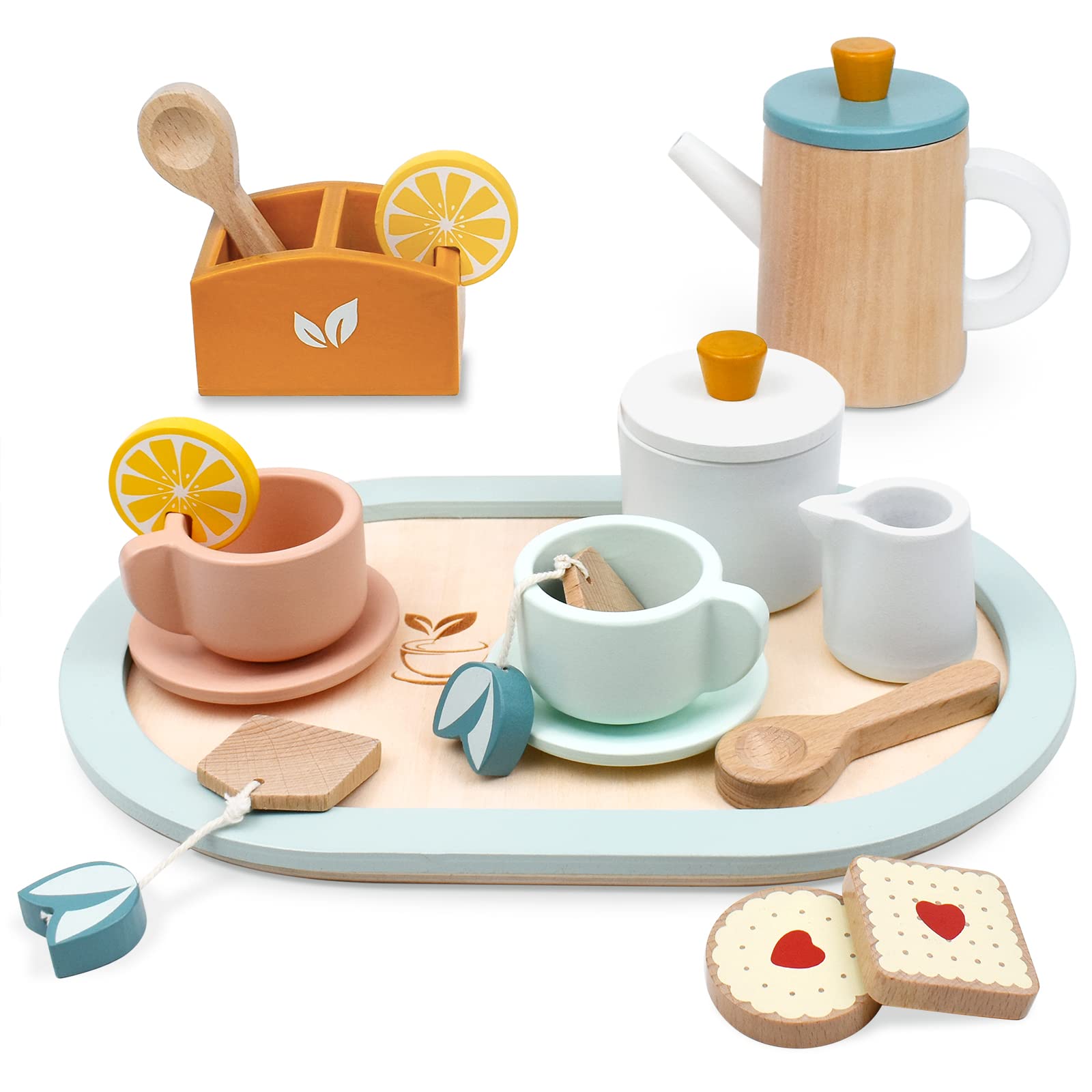 Photo 1 of PairPear Wooden Tea Set for Little Girls, Wooden Toys Toddler Tea Set Play Kitchen Accessories for Kids Tea Party with Play Food