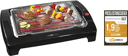 Clatronic BQ 2977 N Barbeque-Tischgrill, Metall-Auffangschalen, Cool Touch-Gehäuse, Schwarz, 2000 Watt