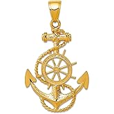 JewelryWeb 14k Yellow Gold Solid Polished Large Nautical Ship Mariner Anchor With Wheel Pendant Necklace 42.5x34.6mm Pendant for Women
