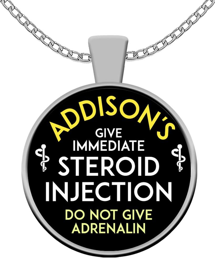 Addison's Disease Medical Alert Emergency Addisonian Crisis Necklace - Give Emergency Injection - Round Pendant