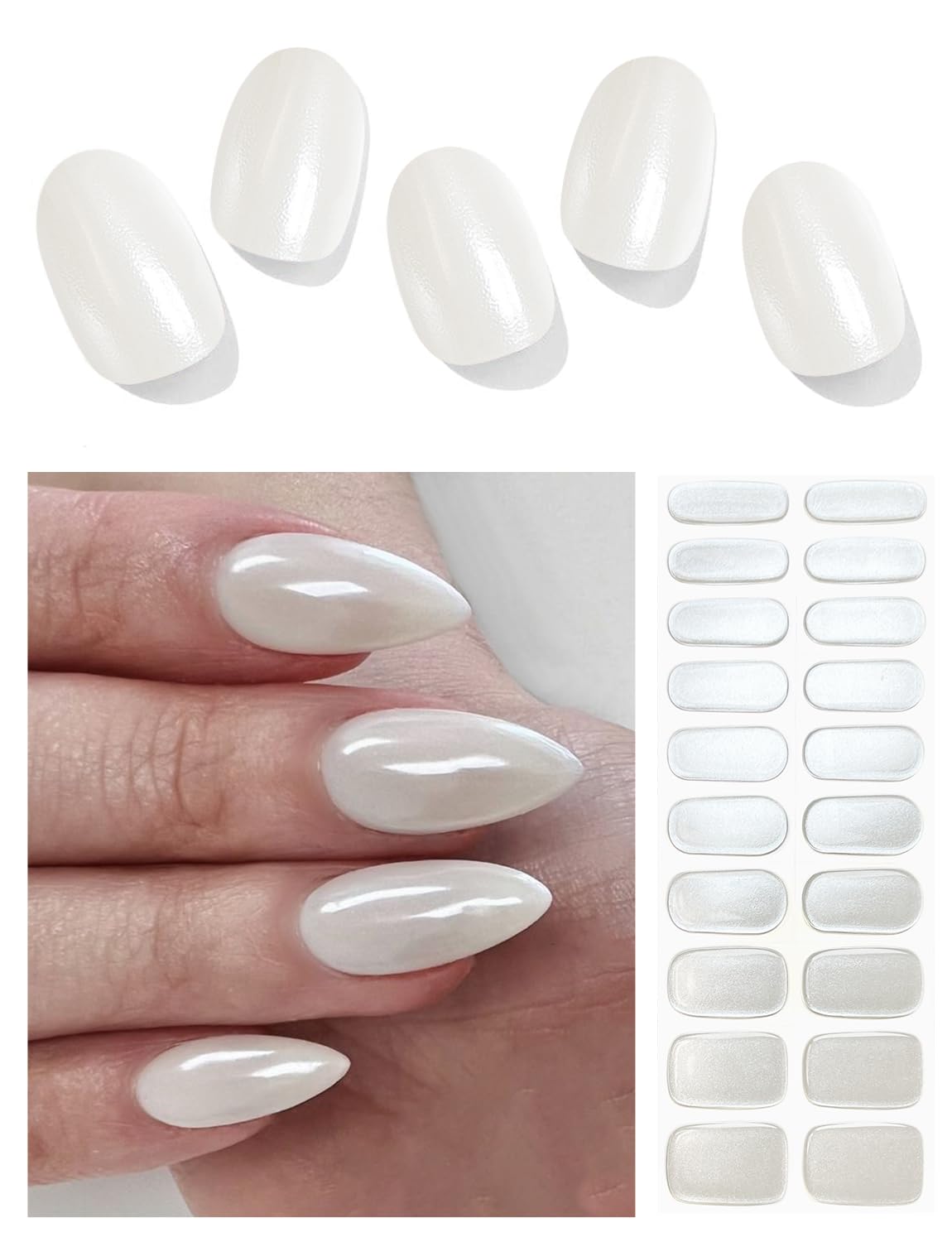 AutyaMee Semi Cured Gel Nail Strips (White Pearl Glazed), Chrome, 20 Pcs Gel Nail Wraps, Stickers, UV Light Required, Salon Quality, Long Lasting
