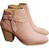 PiePieBuy Women's Tie Knot Chelsea Pump Ankle Boots Closed Toe Stacked Heel Booties Shoes