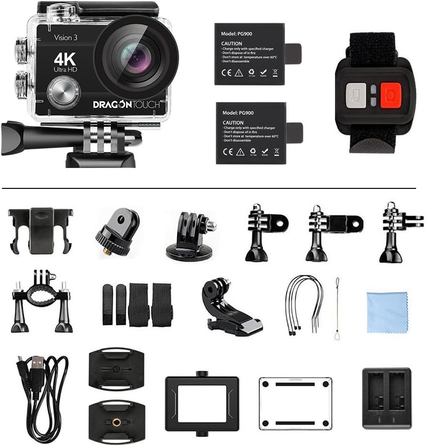Dragon Touch 4K Action Camera 16MP Vision 3 Underwater Waterproof Camera PC Webcam 170° Wide Angle WiFi Sports Cam with Remote 2 Batteries and Mounting Accessories Kit : Camera & Photo