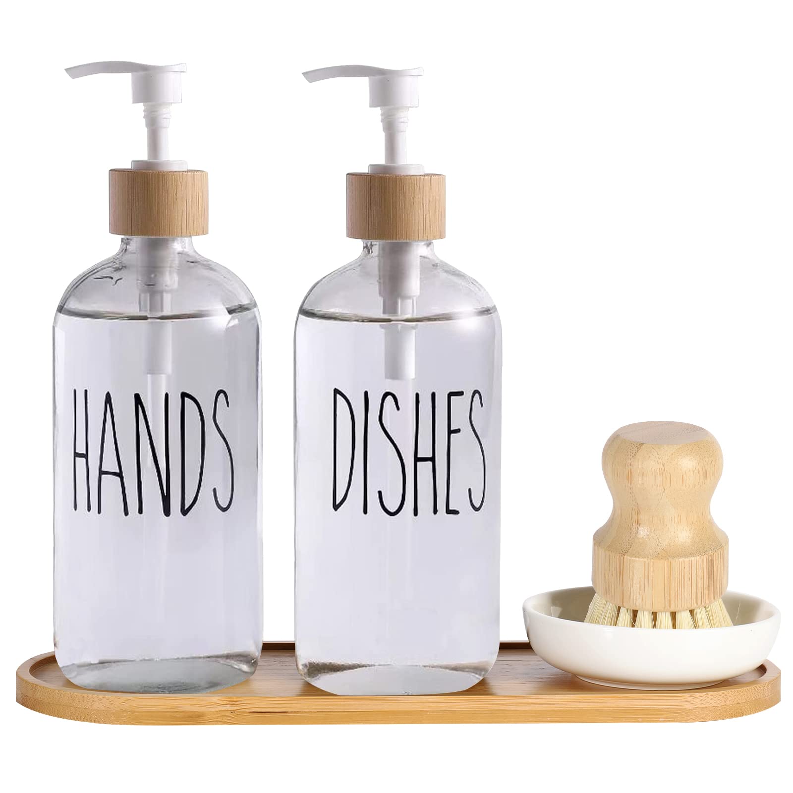 2 Pack Glass Soap Dispenser Bottle with Pump Kitchen Hand Soap Dispenser with Tray and Bamboo Dish Brush 16oz Kitchen Dish Soap Dispenser Set Farmhouse Decor Dish Soap Pump Bottle (White-1) — image 1