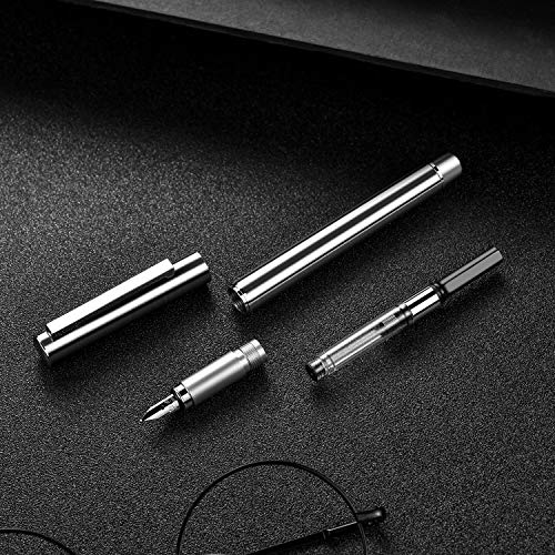 HONGDIAN Stainless Steel Fountain Pen, Silver Barrel Chrome Trim