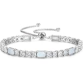 FANCIME Birthstone Bracelet for Women, Sterling Silver 4x6mm Gemstone Tennis Bracelet Bolo Adjustable Chain Fine Jewelry Birthday Gifts for Women Mom Wife Her