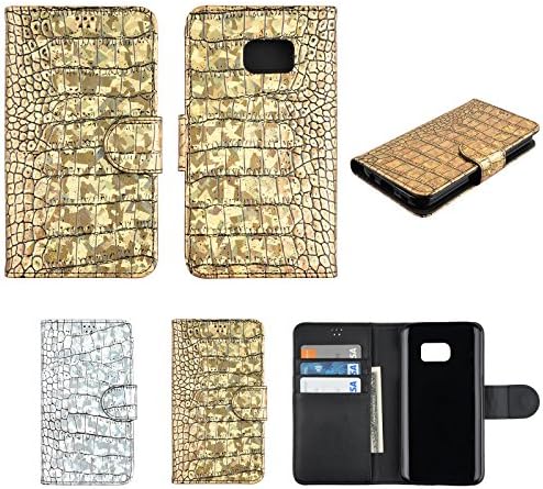 Galaxy S7 Edge Wallet Case Hologram Croco Flip Folio Pu Leather Flip Diary Cover with Built-in Credit Card Slots Holder Magnetic closure (Gold)