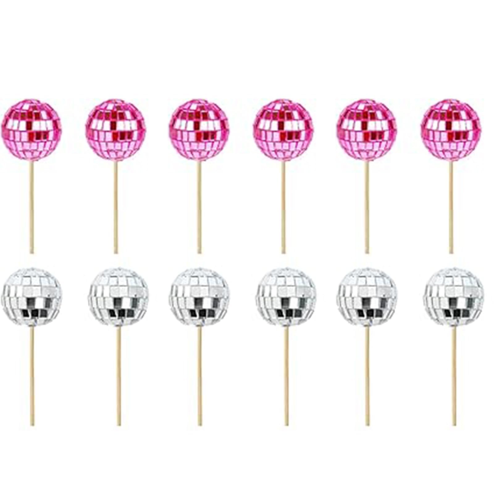 12Pcs Disco Ball Cake Toppers Silver Pink Mini Mirror Ball Picks with Bamboo Sticks for Birthday Party Supplies Cupcake Decorations Vintage Glitter Balls