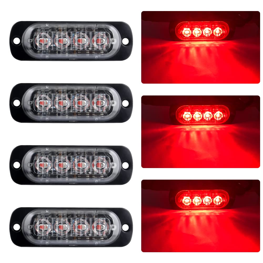 KaiDengZhe 4pcs Ultra Thin 4LED Emergency Warning Lights Red Hazard Flashing Strobe Light Side Warning Light Beacon Light Universal for 12-24V Car Vehicle Truck Trailer Caravan Camper Motorcycle Van
