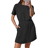 ANRABESS Womens Dresses 2026 Summer Casual Short Sleeve Crew Neck Elastic Waist Mini T Shirt Dress with Pockets