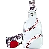 FAYBA Small Sling Bag for Women Crossbody Bag, Baseball Print PU Leather Wide Guitar Strap Chest Sling Backpack Purse