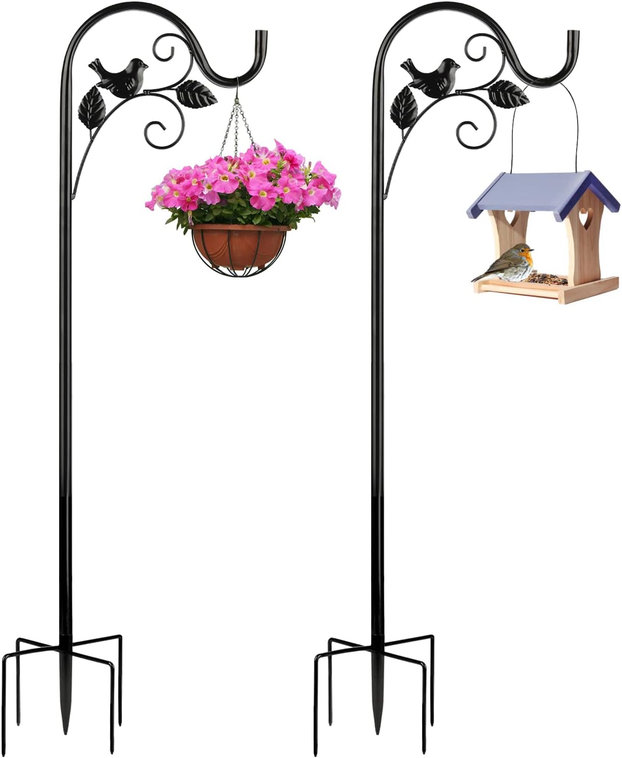 Outdoor Shepherd's Hooks - FAVE PLUS Shepherds Hook Metal Hummingbird Feeder Bird Ornament 49 Inch with 5 Prong Base Adjustable Height Heavy Decoration Hanging Holder LED Light for Garden, 2 Pack