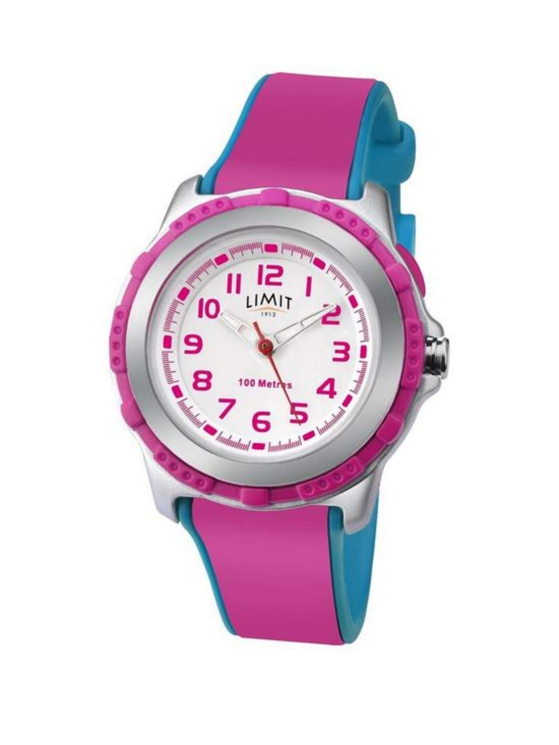 Limit Kids’Sport Watch 31mm Silver Case Stainless Steel Bezel White Dial with Dark Pink Numbers & EL Backlight Blue & Dark Pink Strap Quartz Analogue 100m Water Resistant, 2-Year Guarantee