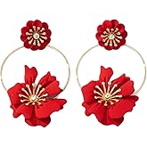 Poppy Flower Hoop Earrings for Women Boho Floral Dangle Earrings Layered Matte Flower Earrings Diamond Studded Petal Earrings Wedding Jewelry