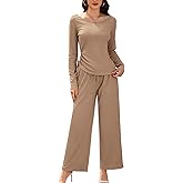 SHEKINI 2 Piece Sets For Women Lounge Set Casual Fall Outfits Ribbed Asymmetrical Long Sleeve Tops Matching Wide Leg Pants