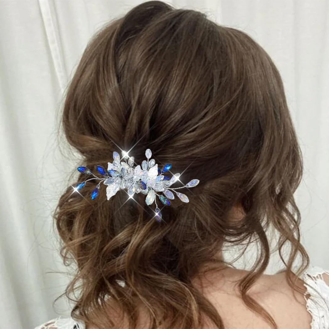 Edary Bridal Silver Wedding Hair Combs Blue Bead Bridal Headpiece Leaf Hairclips Rhinestone Hair Accessories for Women and Girls