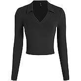 CIDER Fitted Long Sleeve Shirts for Women - V Neck Polo Shirts Business Casual Collared Work Tops Fitted Spring Fall Shirt