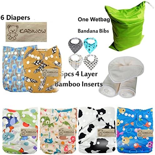 KADIWOW Baby Pack Pocket Washable Adjustable Cloth Diaper 6PCS + 6PCS 4 Layer Bamboo Inserts + 4pcs Bandana Bibs + Wet / Dry Bag (Boy Color6)
