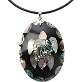 YACQ Abalone Shell Pendant Necklace for Women Black Leather Cord 18" + 2"