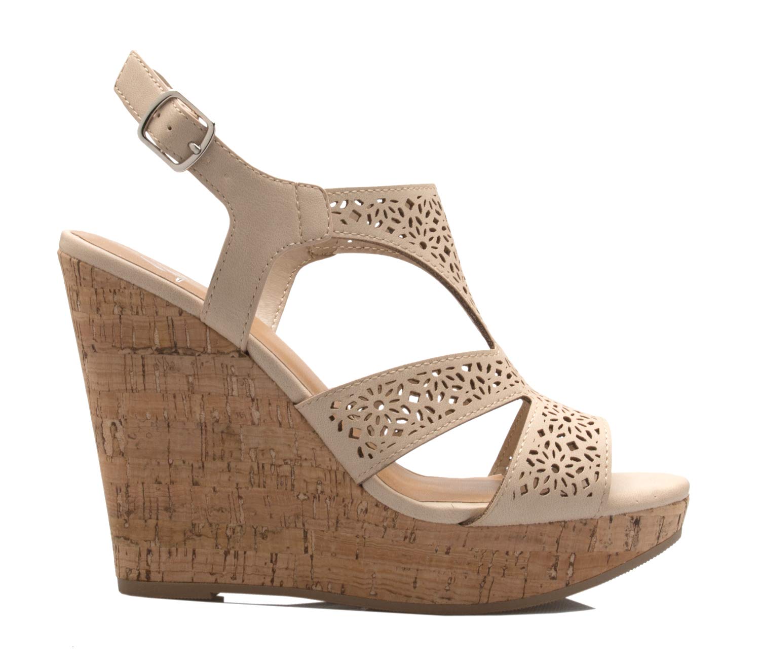 Olivia K Women's Open Toe T-Straps Strappy High Wedge Heel Wood Decoration Buckle Shoes Sandals - Image 3