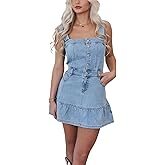 utcoco Womens 2025 Denim Dress Sleeveless Strap Slim Button A-Line Mini Jean Dresses with Pockets