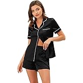 cheibear Womens Satin Pajamas Sleepshirt Button Down Tops with Shorts Sleepwear Silky Loungewear Pj Sets