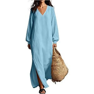 LBOVBE Women's V Neck Linen Maxi Dress Balloon Long Sleeve Casual Outfit | Crinkled Textured Fabric,Relaxed Loose Fit,Side Sl