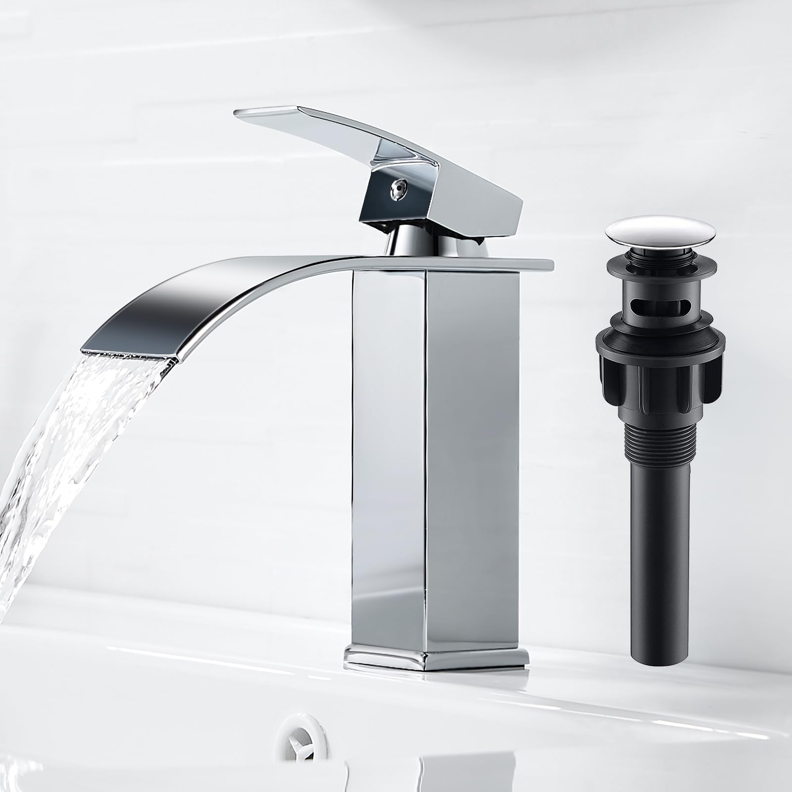 AIMOYO Bathroom Sink Taps Chrome, Waterfall Basin Mixer Tap with Pop Up Waste, Modern Single Lever Brass Bathroom Taps Mixer Hot and Cold Water Sink Faucet with UK Standard Hoses
