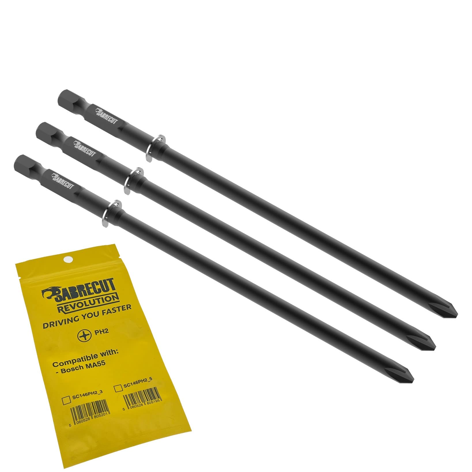 3 x SabreCut SC146PH2_3 146mm PH2 Compatible with Bosch MA55 MA 55 2608522068 Autofeed Collated Drywall Screwdriver Gun Bit Single Ended Phillips No.2 Heavy Duty