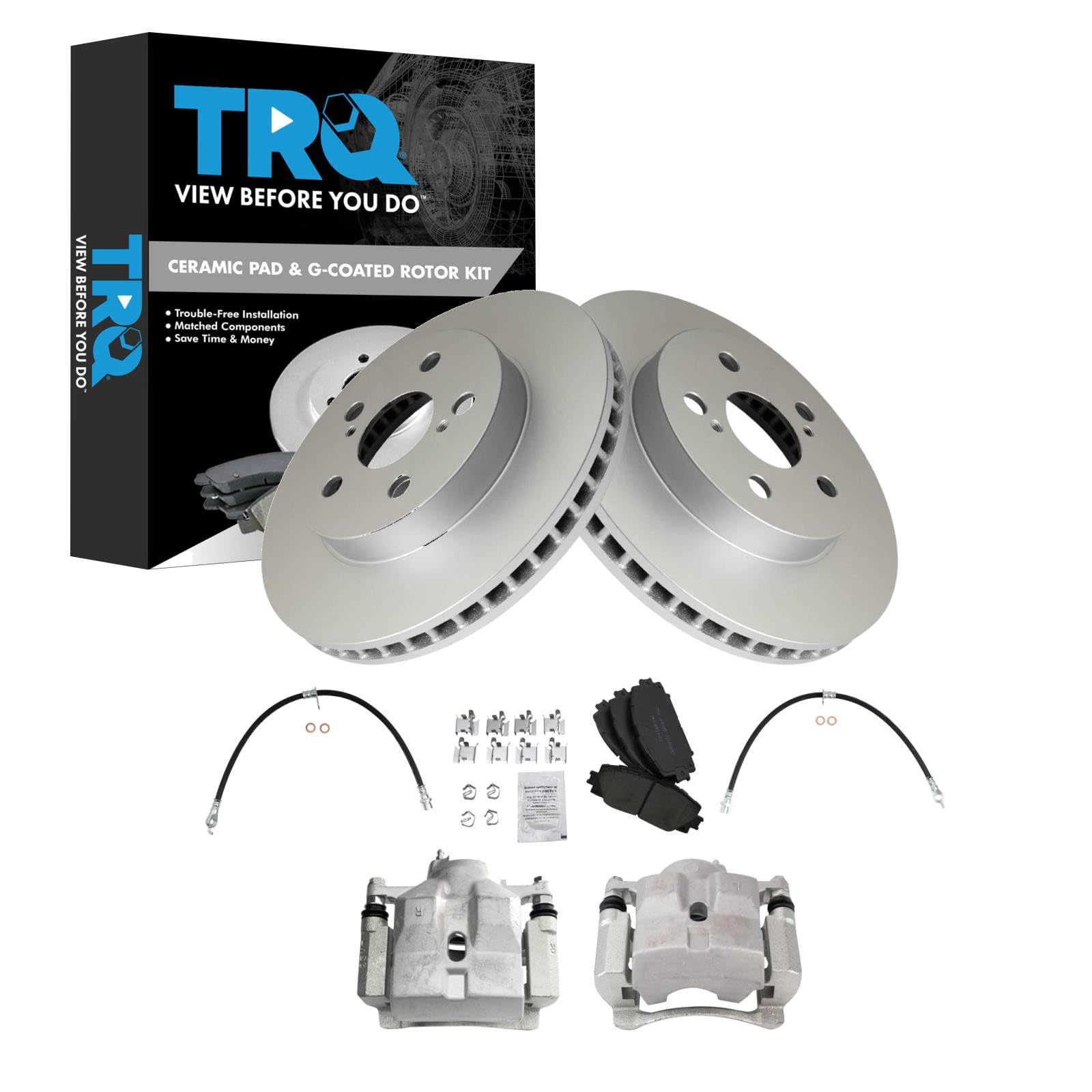 TRQ Front Brake Pad and Rotor Set Ceramic G Coated Rotors Calipers Compatible with 2016-2018 Toyota Prius 2018 Prius Prime Image