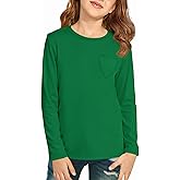 Haloumoning Girls Long Sleeve Heart Pocket T-Shirts Kids Cute Fall Tops Crewneck Basic Tees 5-14 Years