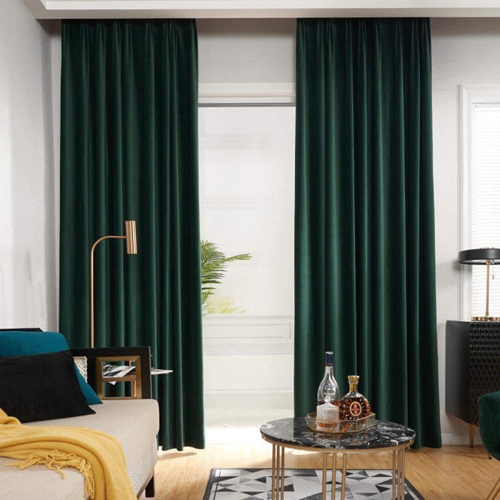 MYRU 1 Pair Pencil Pleat Velvet Curtains Dark Green Blackout Curtains for Bedroom and Living Room (Dark Green, 2 x 66x84 Inch)