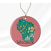 PTDShops Wisconsin State Ornament, State USA Ornament, Travel Souvenir Collection USA, America Christmas 2023, Xmas Tree Hanging Decorations, USA State Souvenir Ceramic Ornament Printed on Both Sides