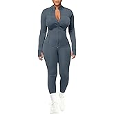 UOUA Womens Workout Set Two Piece Outfits Bodycon Long Sleeve Zipper Jacket & Leggings for Gym Tracksuit