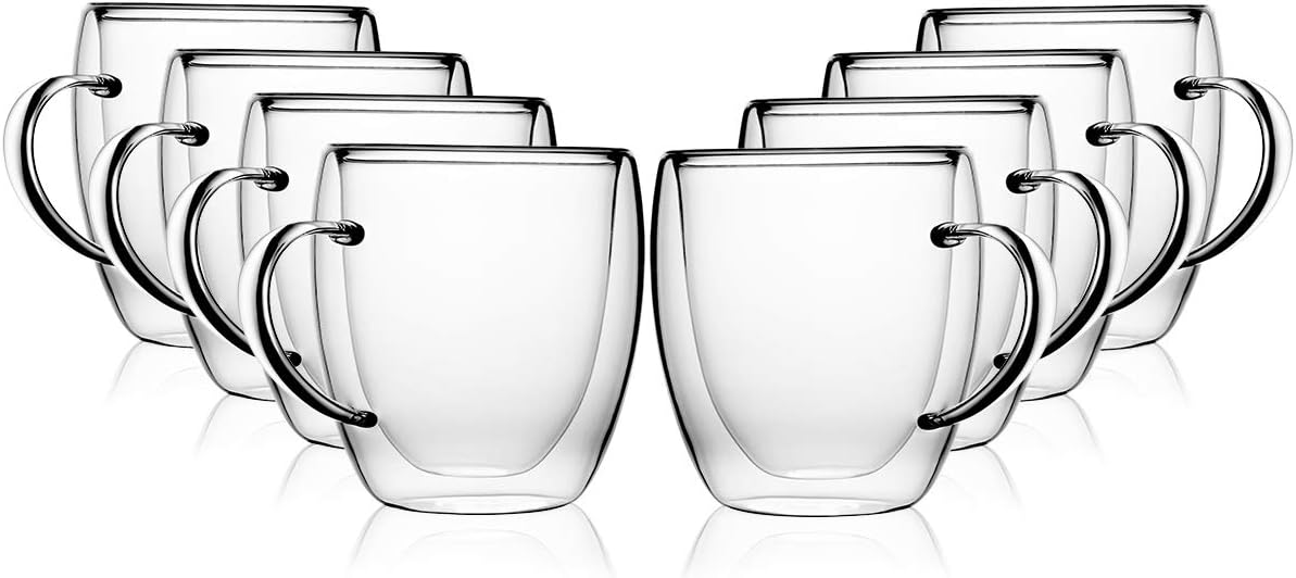 MEWAY 8oz Coffee Mugs, Set of 8, Clear Glass Double Wall Cup with handle for Coffee, Tea, Latte, Cappuccino (8, 8 oz)
