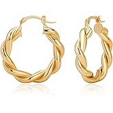 Twisted Gold Hoop Earrings for Women, Thick Chunky Hoops Hypoallergenic Vintage Twist Earings Big