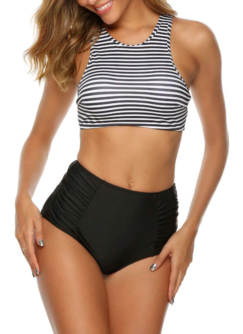 Yong Dong Women Two Piece Bikini Swimsuit Set Crop Top High Waisted Bathing Suit Black Stripe M