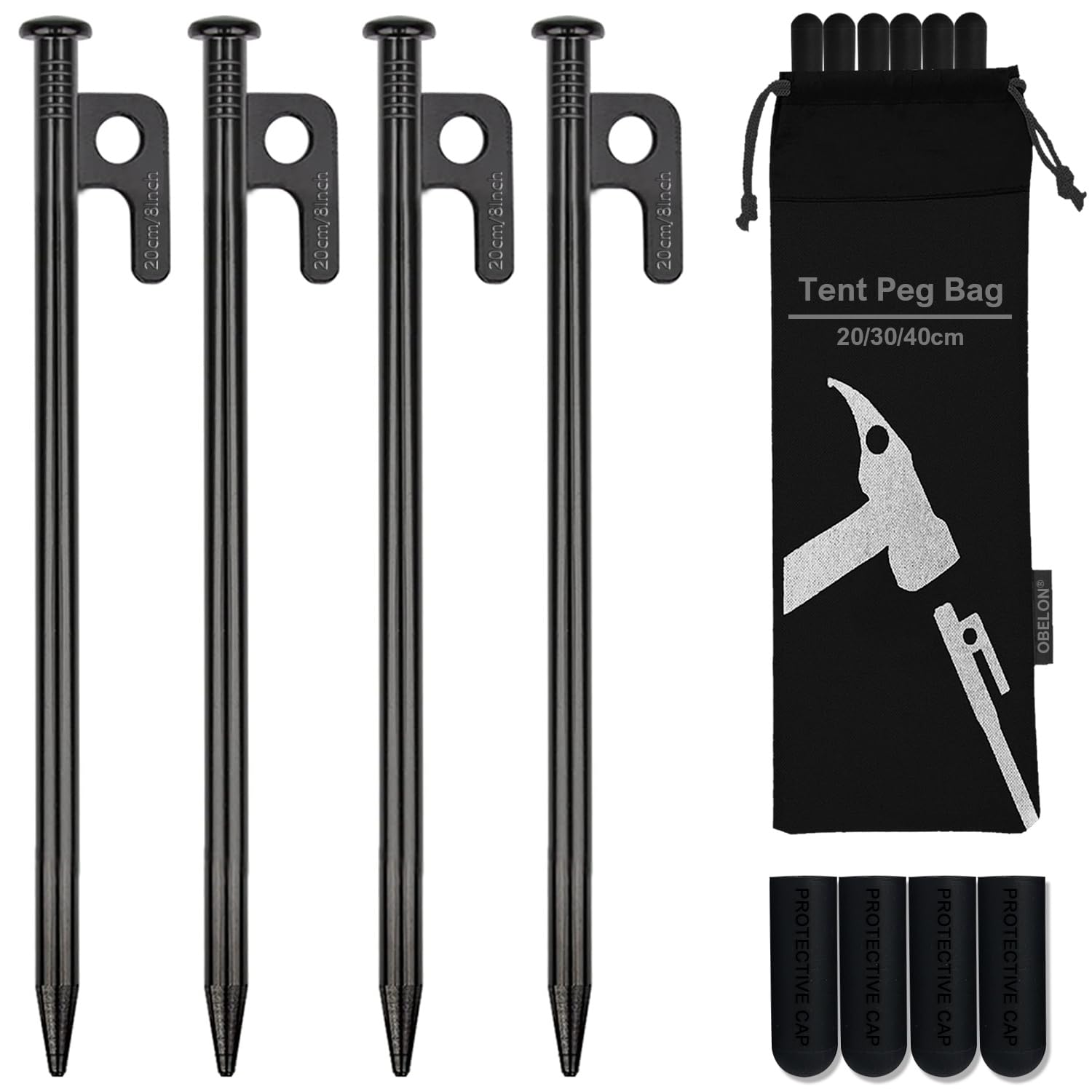 OBELON 4 Pack Heavy Duty Metal Tent Pegs - 20cm Steel Camping Stakes for Hard Ground, Awnings & Outdoor Use - Includes Storage Case & Rubber Covers - Strong Ground Anchors (Black)