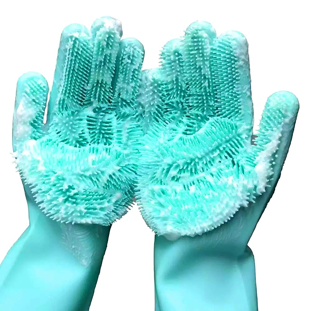Magic cleaning gloves (Blue) Reusable Silicone Cleaning Gloves Dishwashing Scrubber ，Dish Wash Scrubbing Sponge Gloves with Bristles, Great for Washing