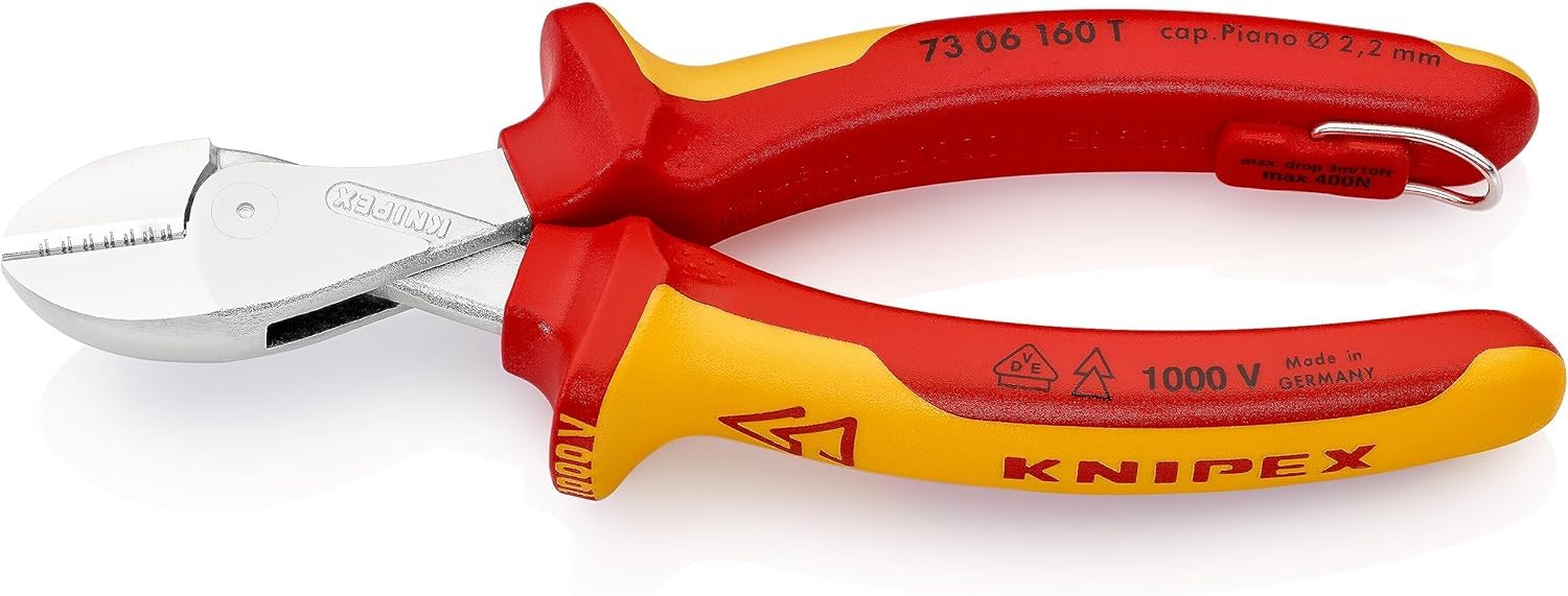 KNIPEX X-Cut Compact Diagonal Cutter Chrome-Plated Insulated with Multi-Component Grips, VDE-Tested with Integrated Insulated Tether, 73 06 160 T