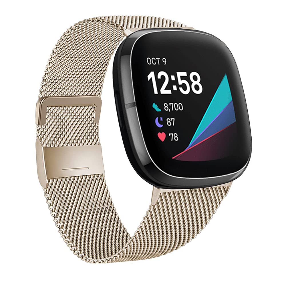 Moydolo Compatible with Fitbit Versa 4 Bands Men, Stainless Steel Metal Replacement Straps for Sense 2, Adjustable Magnetic Lock Loop （Small, Champagne Gold）, (DE-FB-V4-04)