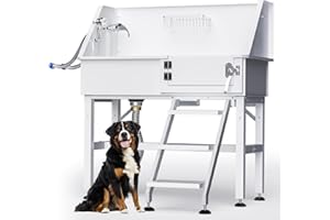 DYTREND Dog Washing Station for Home, 38" White Professional Stainless Steel Dog Grooming Tub, Height Adjustable Dog Bathing Station, Upgrade Parts, Dog Bath Tubs for Small & Medium Dogs(Right Stair)