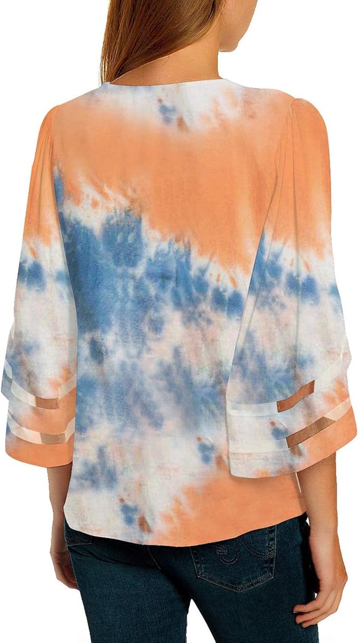 Vetinee Women's 3/4 Bell Sleeve Shirt Mesh Panel Blouse V Neck Casual Loose Tops at  Women’s Clothing store
