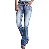 AprPith Women Mid Waisted Bootcut Jeans Zip Stretchy Slim Casual Double Button Flare Denim Pants with Distressed Pocket