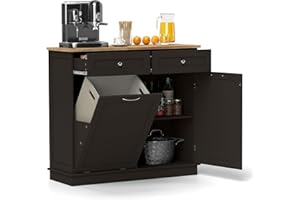 SILKYDRY Tilt Out Trash Cabinet, Laundry Cabinet with 2 Drawers & Adjustable Shelf, Rubber Wood Counter Top, Recycle Bins for Dining Room, Kitchen (Brown)