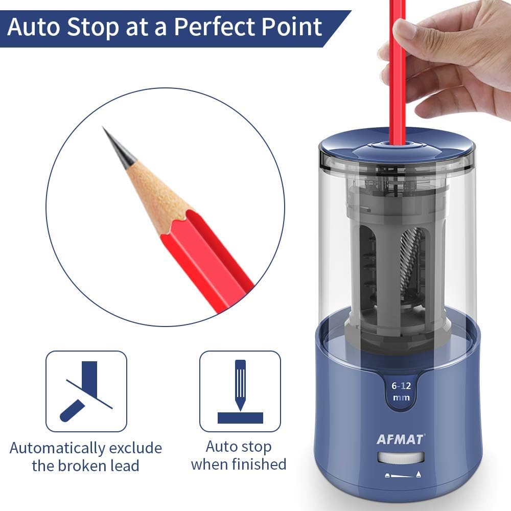 AFMAT Pencil Sharpener, Electric Pencil Sharpener for Colored Pencils, Auto Stop, Fast Sharpen in 3s, Large Hole Pencil Sharpener Plug in for 6-12mm No.2/Jumbo Pencils-Blue : Office Products