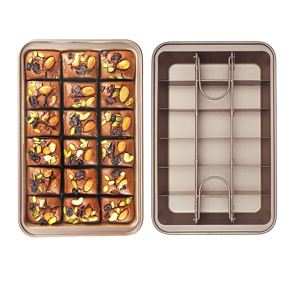 SVNR Brownie Tin, Carbon Steel 18 Slot Non Stick Brownie Baking Tray with Dividers,Traybake Tin for Cookie, Lasagna, Flapjack, Brownies, 31 x 20 x 3.7CM (Champagne Gold)